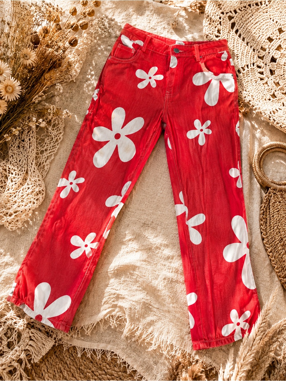 Red Floral Print Pants